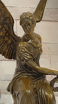 Bronze Goddess of Victory Statue Winged Angel with Laurel Wreath Decor Signed Hudon