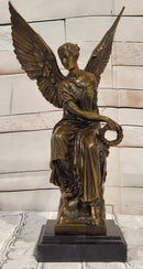 Bronze Goddess of Victory Statue Winged Angel with Laurel Wreath Decor Signed Hudon