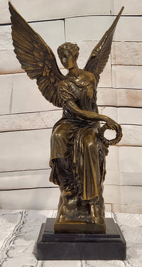 Bronze Goddess of Victory Statue Winged Angel with Laurel Wreath Decor Signed Hudon