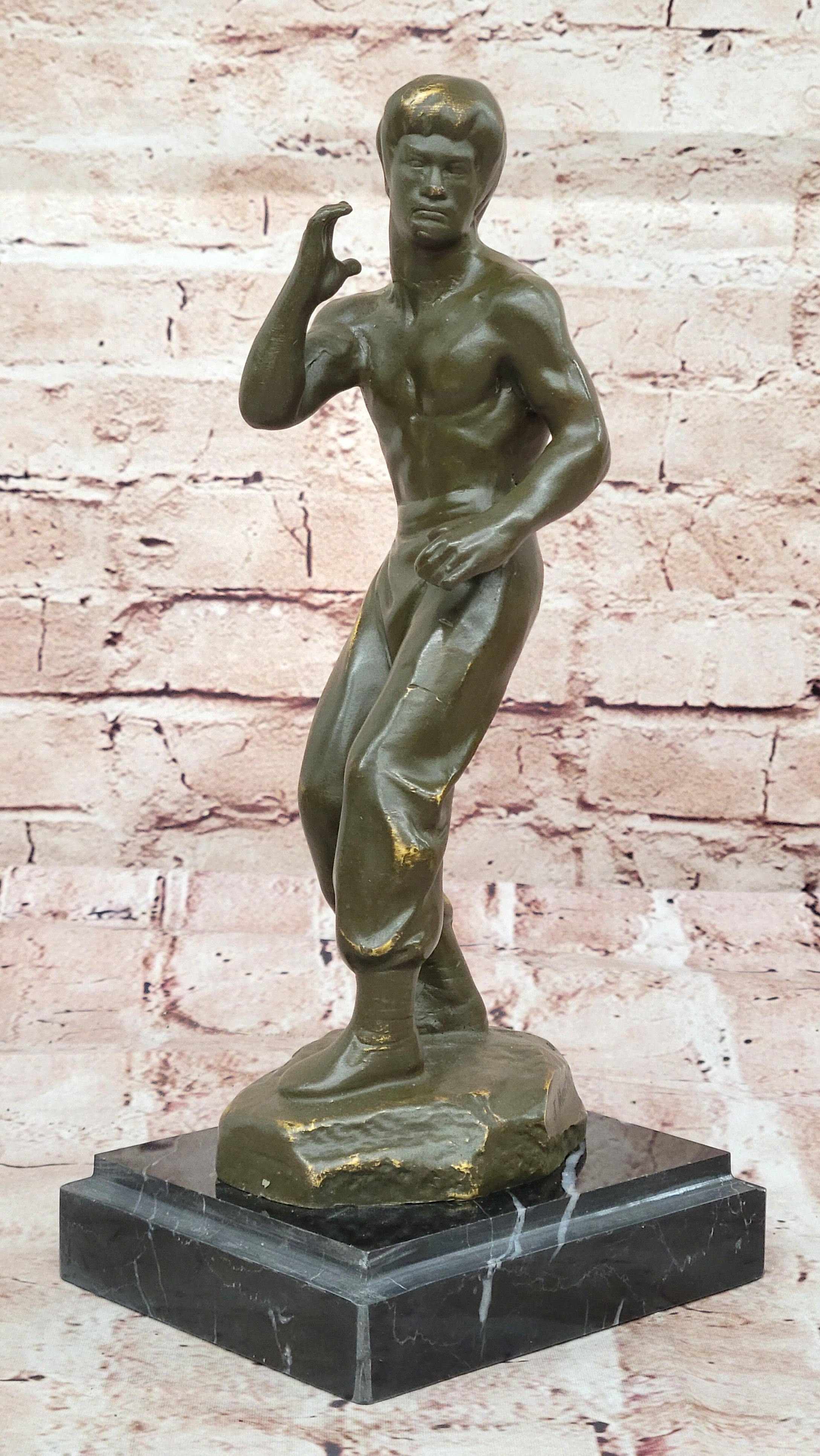 Bruce Lee Bronze Martial Artist Sculpture on Marble Base
