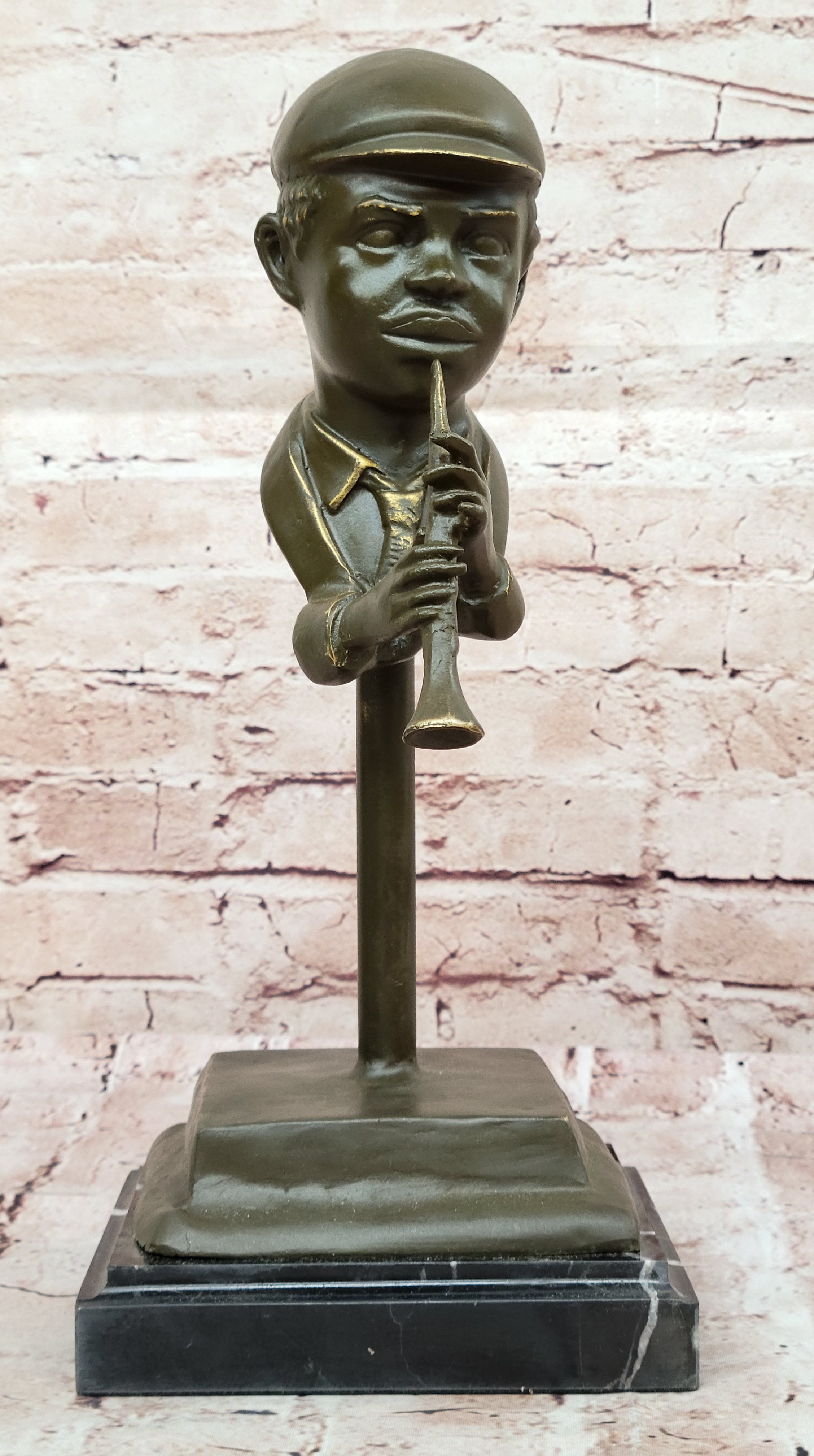 Clarinet Player Bronze Sculpture – Jazz Musician on Marble Base