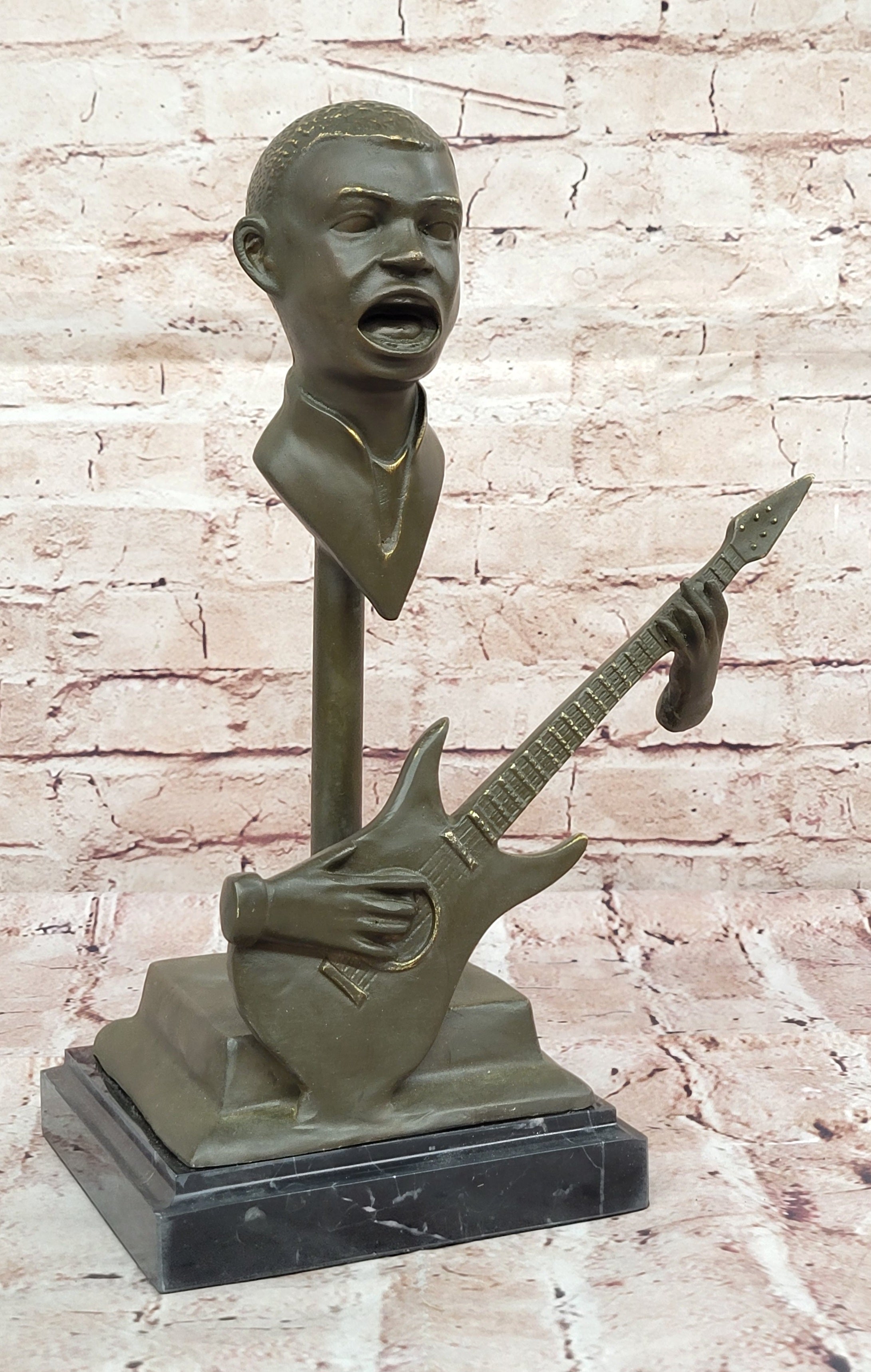 Electric Guitar Player Bronze Sculpture on Marble Base