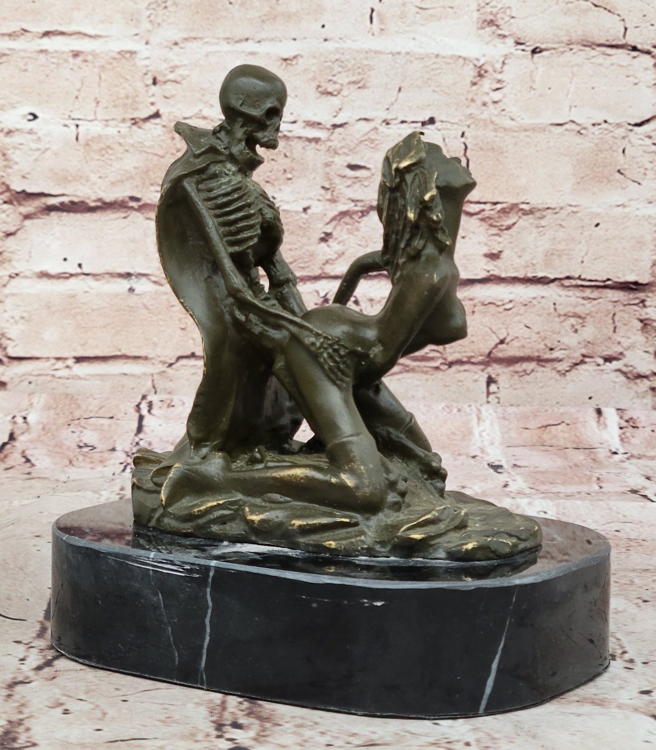 Memento Mori Erotic Bronze Sculpture – Skeleton and Woman