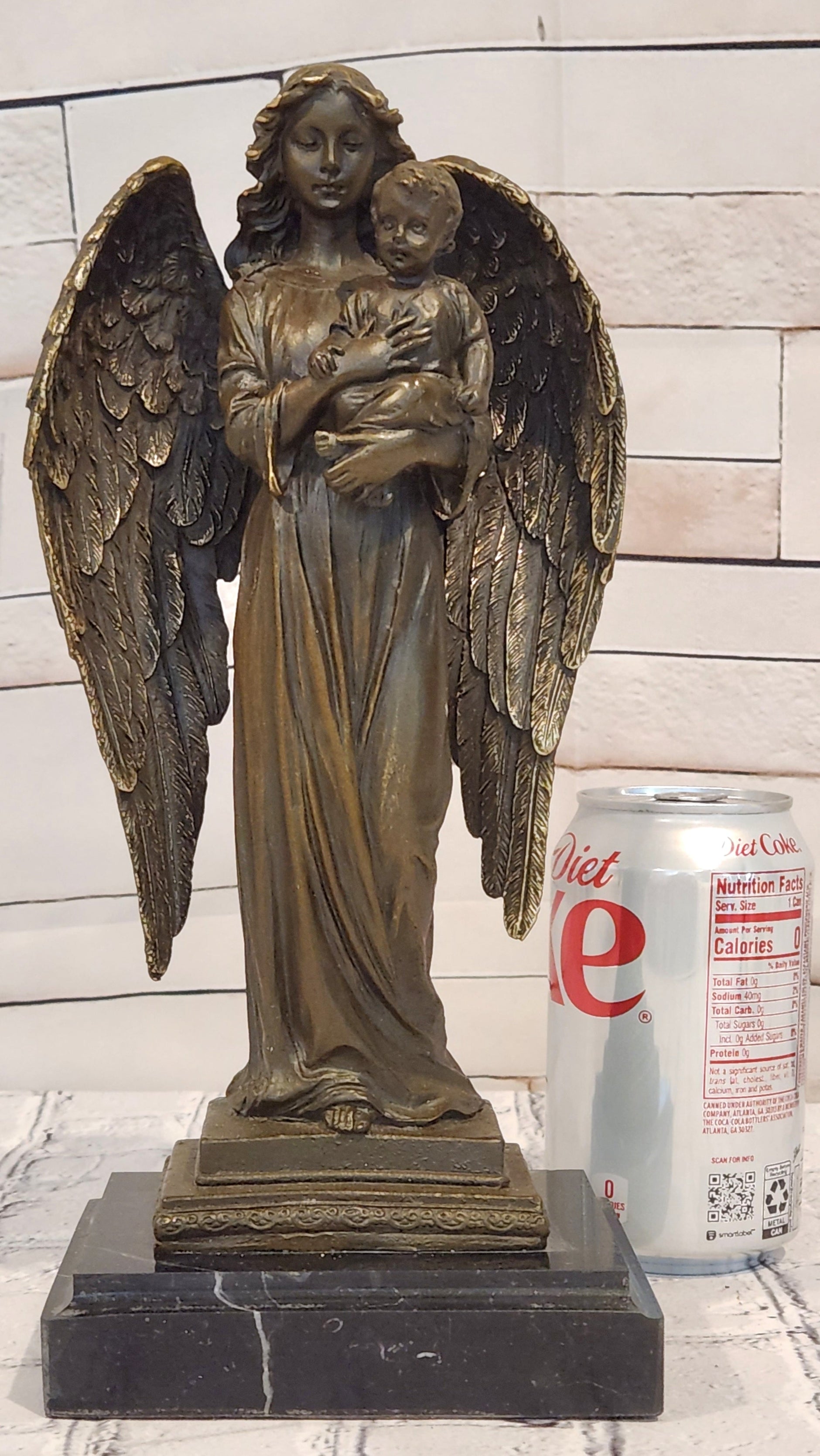 Guardian Angel Holding a Baby Genuine Bronze Sculpture Signed A.Moreau Artwork