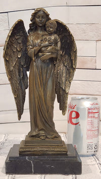 Guardian Angel Holding a Baby Genuine Bronze Sculpture Signed A.Moreau Artwork