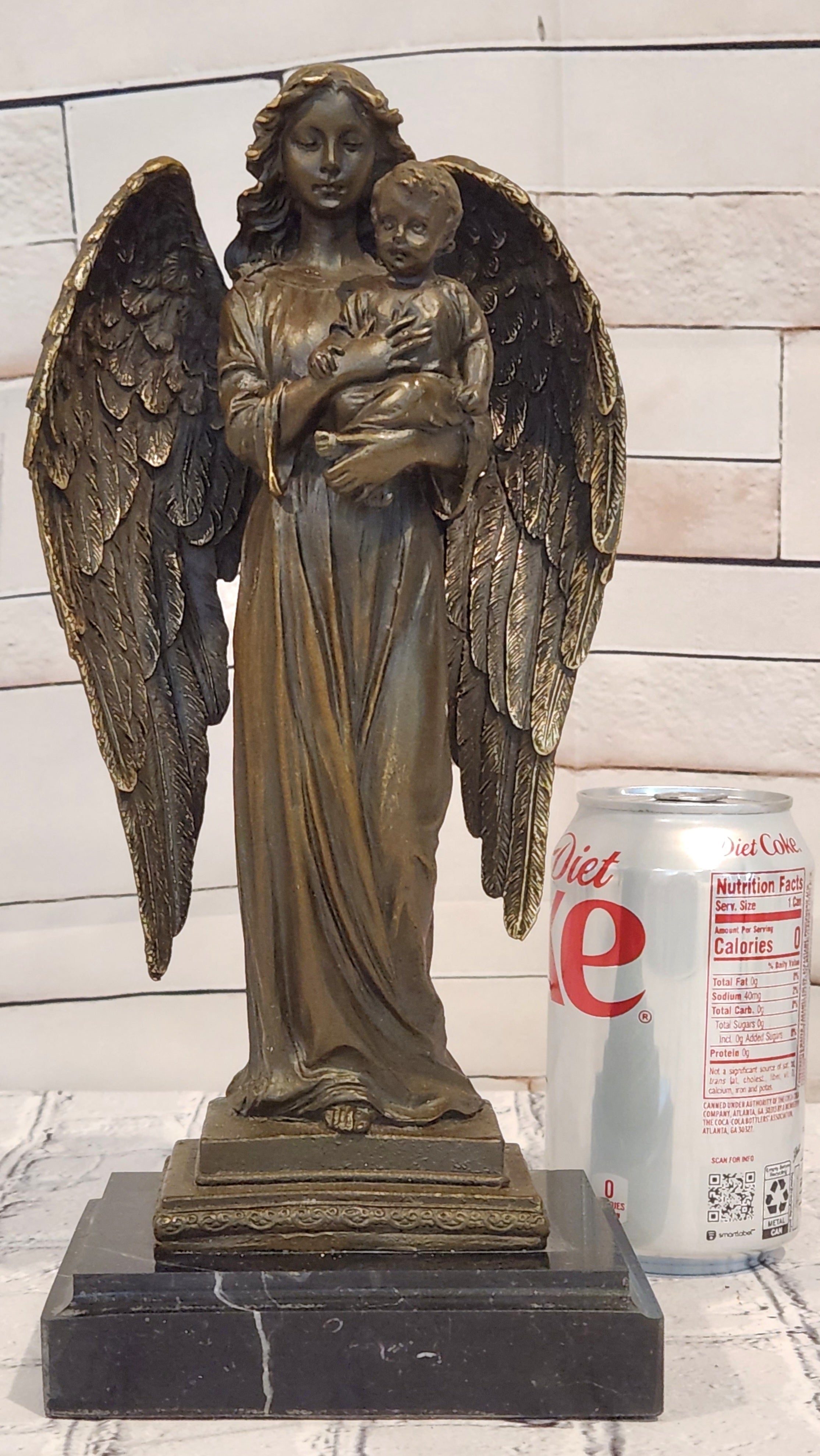 Guardian Angel Holding a Baby Genuine Bronze Sculpture Signed A.Moreau Artwork