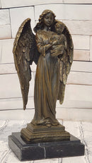Guardian Angel Holding a Baby Genuine Bronze Sculpture Signed A.Moreau Artwork