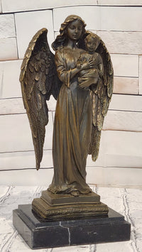 Guardian Angel Holding a Baby Genuine Bronze Sculpture Signed A.Moreau Artwork