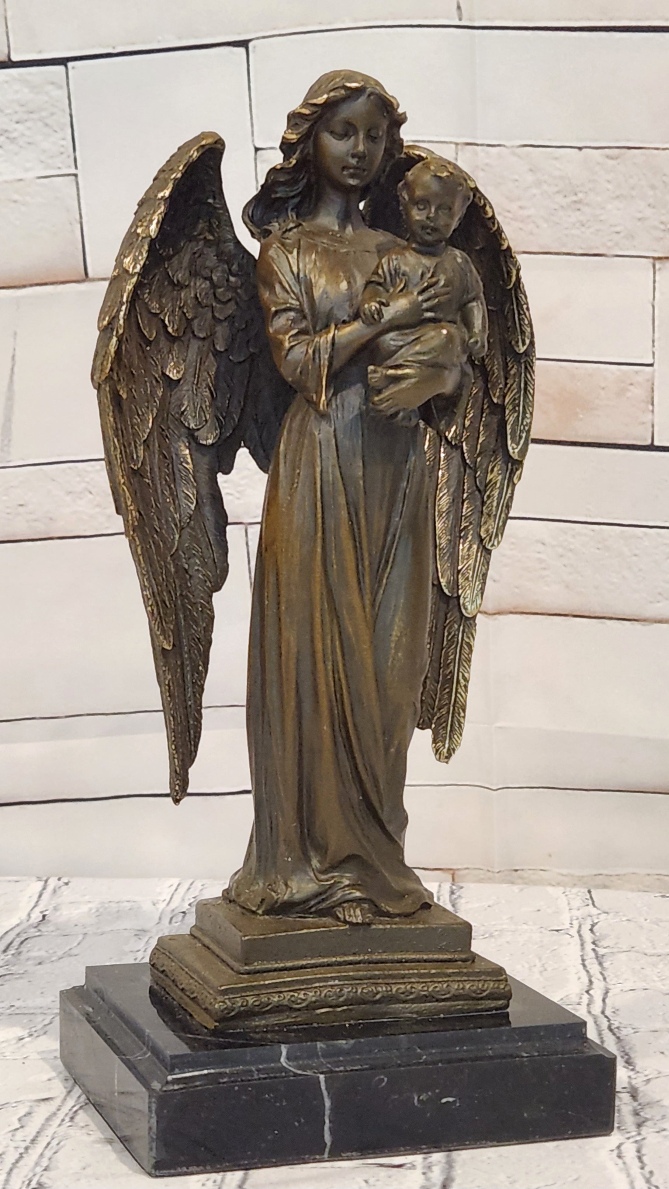 Guardian Angel Holding a Baby Genuine Bronze Sculpture Signed A.Moreau Artwork