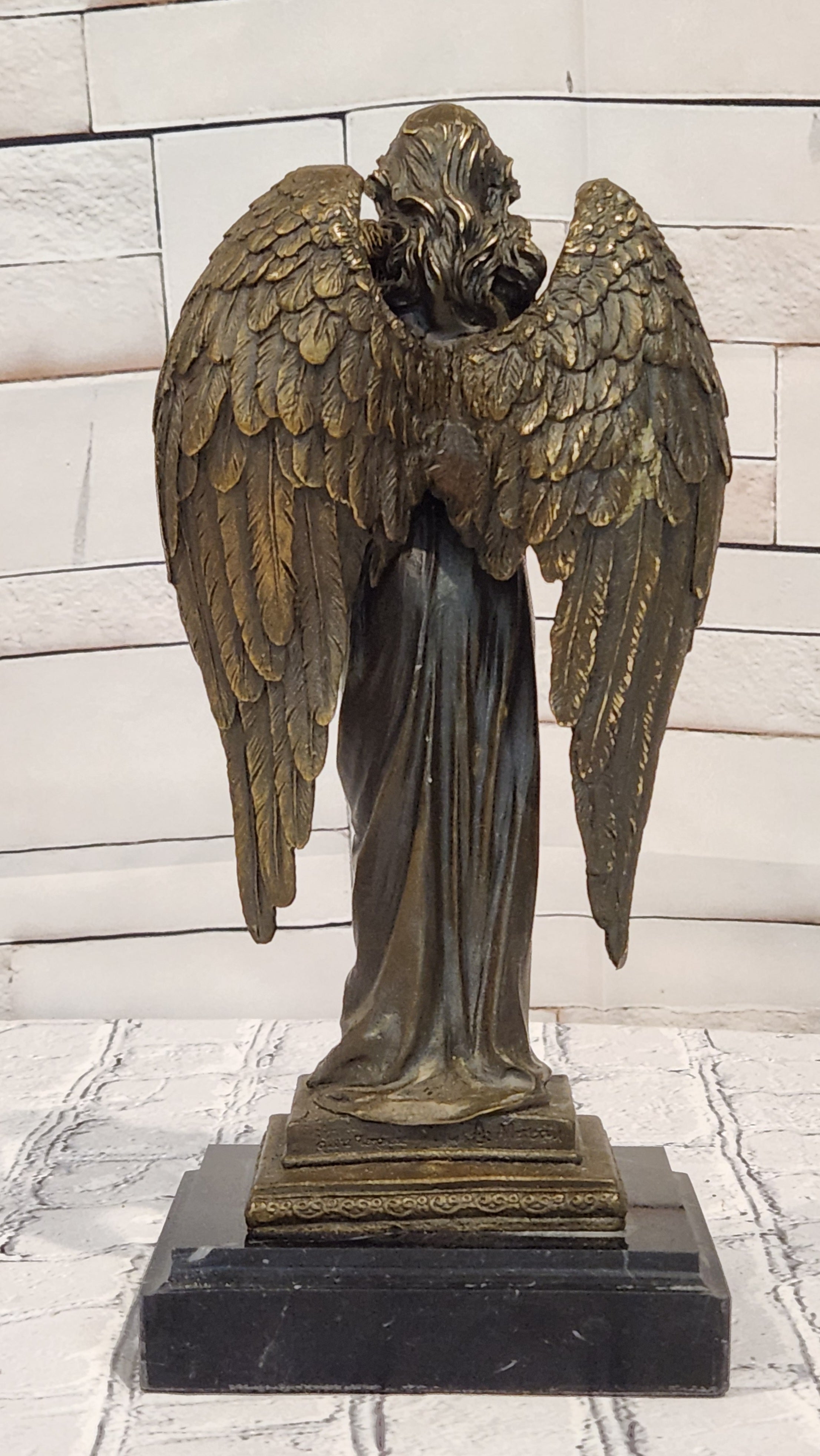 Guardian Angel Holding a Baby Genuine Bronze Sculpture Signed A.Moreau Artwork