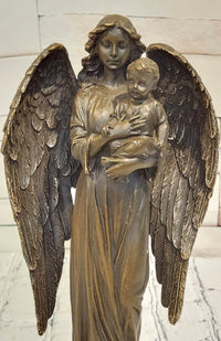 Guardian Angel Holding a Baby Genuine Bronze Sculpture Signed A.Moreau Artwork