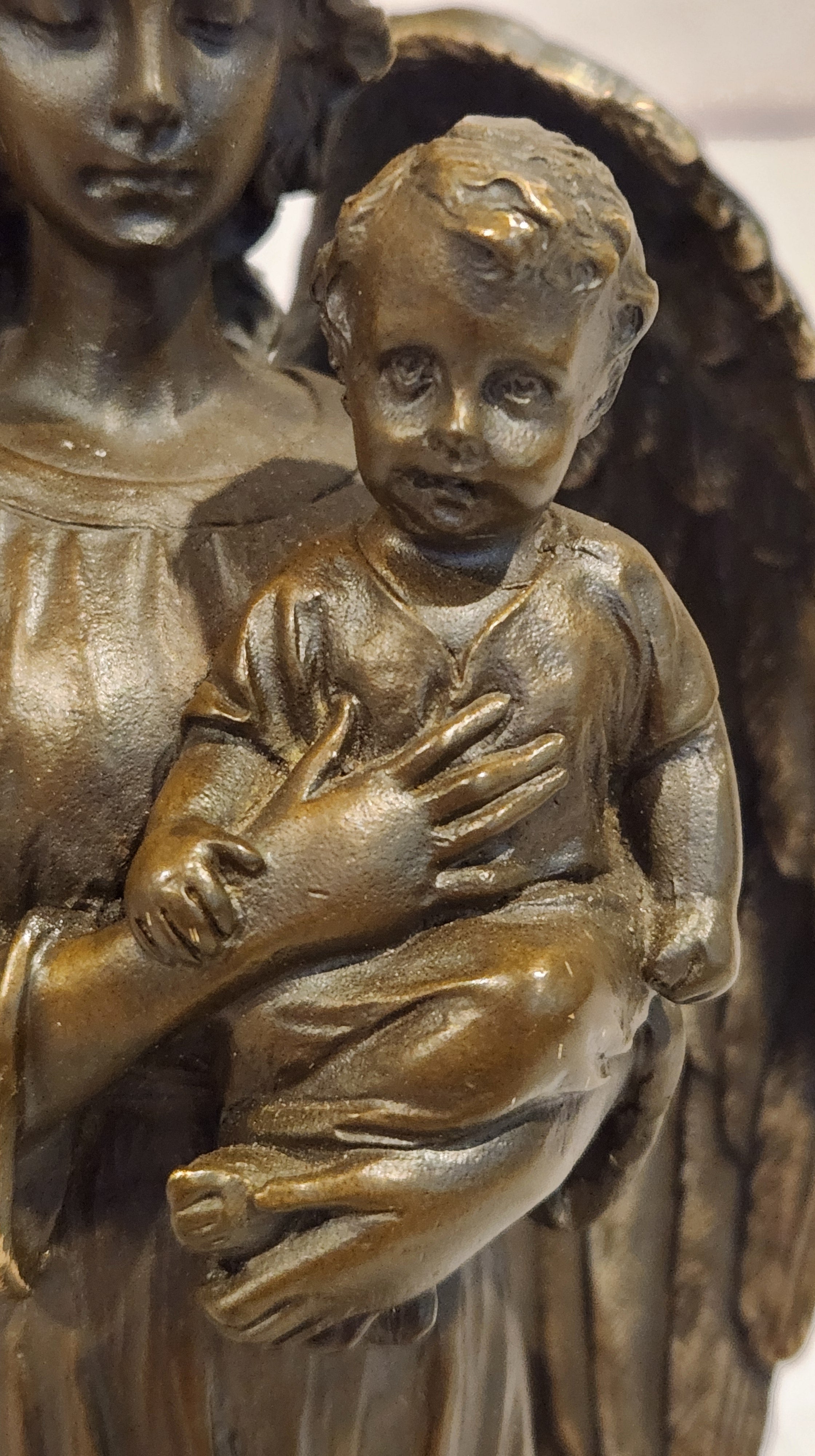 Guardian Angel Holding a Baby Genuine Bronze Sculpture Signed A.Moreau Artwork