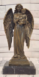 Guardian Angel Holding a Baby Genuine Bronze Sculpture Signed A.Moreau Artwork