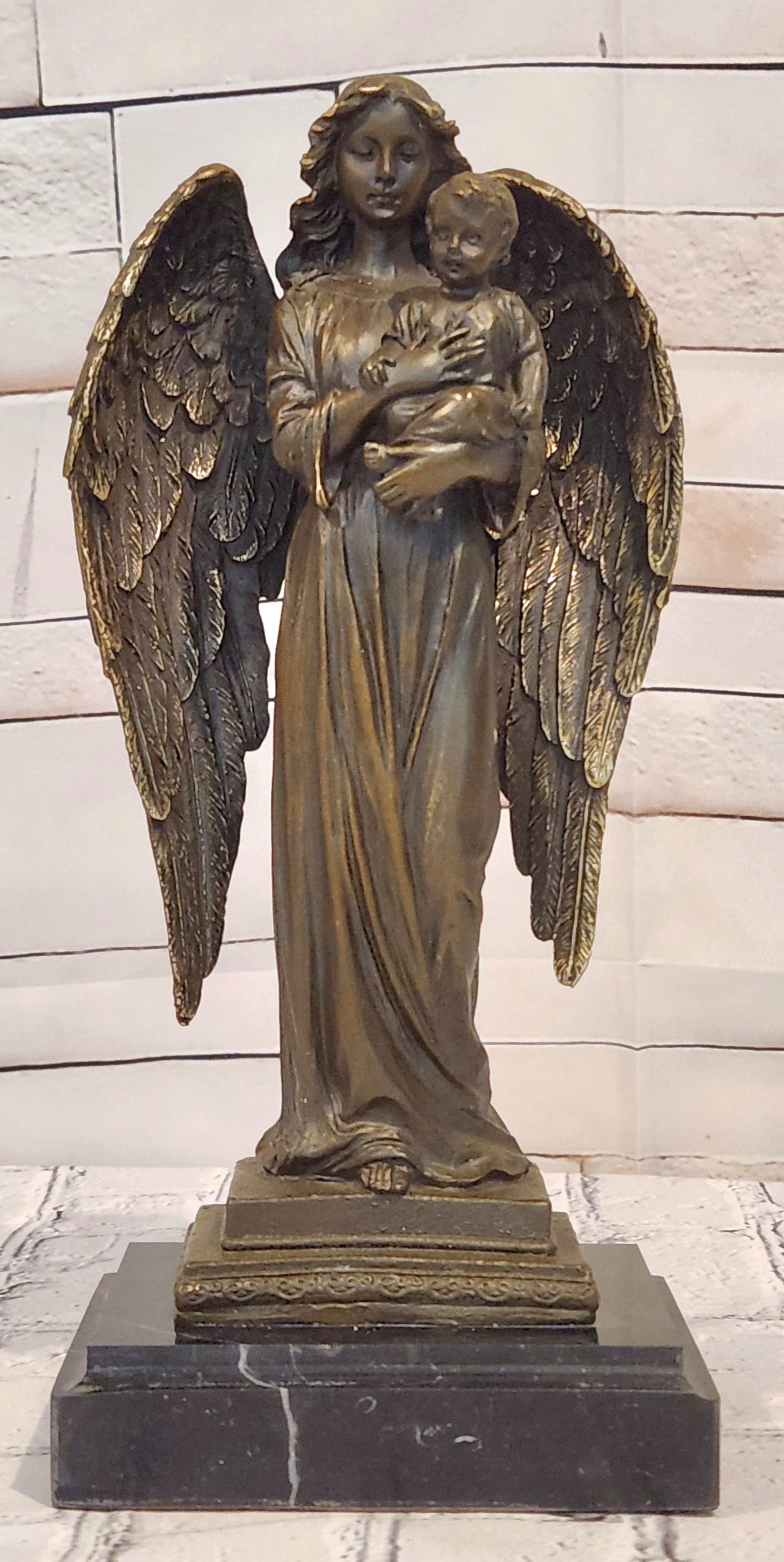 Guardian Angel Holding a Baby Genuine Bronze Sculpture Signed A.Moreau Artwork