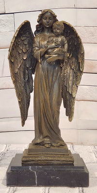 Guardian Angel Holding a Baby Genuine Bronze Sculpture Signed A.Moreau Artwork