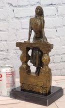 Bronze Sculpture Depicts a Woman Leaning Against a Balustrade Signed Milo Statue