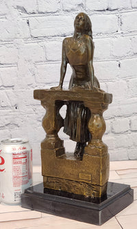 Bronze Sculpture Depicts a Woman Leaning Against a Balustrade Signed Milo Statue