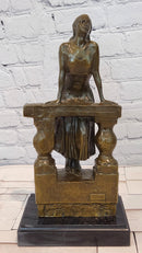 Bronze Sculpture Depicts a Woman Leaning Against a Balustrade Signed Milo Statue