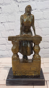 Bronze Sculpture Depicts a Woman Leaning Against a Balustrade Signed Milo Statue