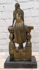 Bronze Sculpture Depicts a Woman Leaning Against a Balustrade Signed Milo Statue