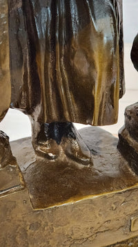 Bronze Sculpture Depicts a Woman Leaning Against a Balustrade Signed Milo Statue