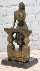 Bronze Sculpture Depicts a Woman Leaning Against a Balustrade Signed Milo Statue