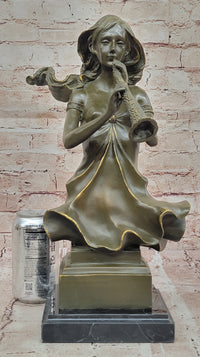 Graceful Woman Playing Flute – Bronze Art Nouveau