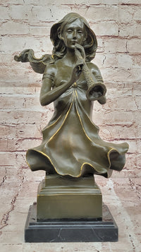 Graceful Woman Playing Flute – Bronze Art Nouveau