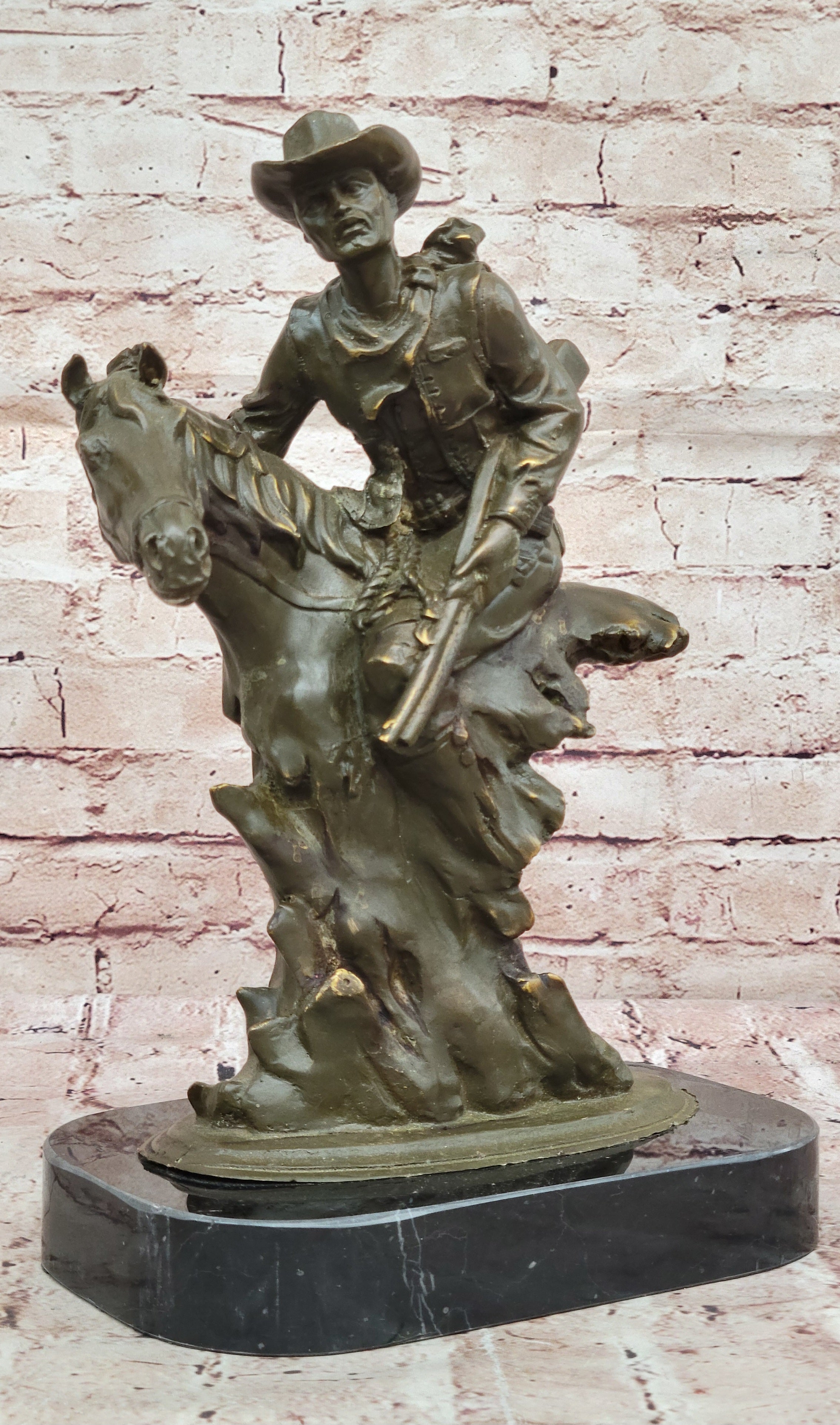 Cowboy with Rifle on Rearing Horse Bronze Sculpture