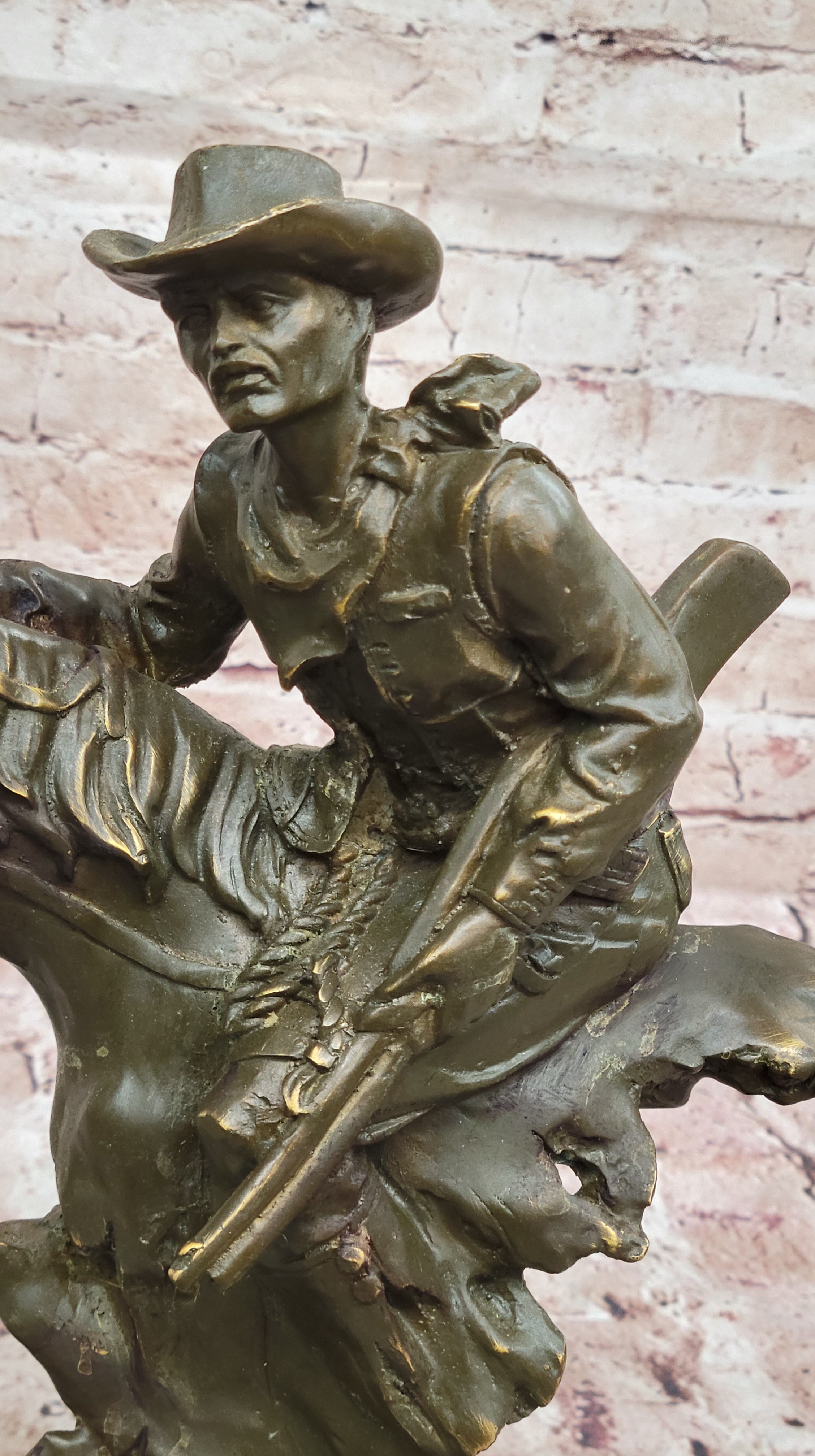 Cowboy with Rifle on Rearing Horse Bronze Sculpture