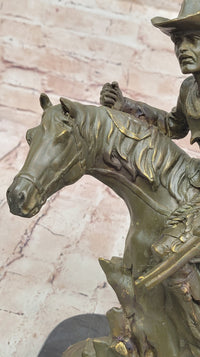 Cowboy with Rifle on Rearing Horse Bronze Sculpture