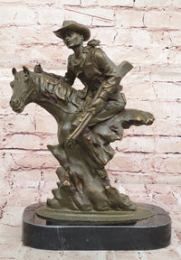 Cowboy with Rifle on Rearing Horse Bronze Sculpture