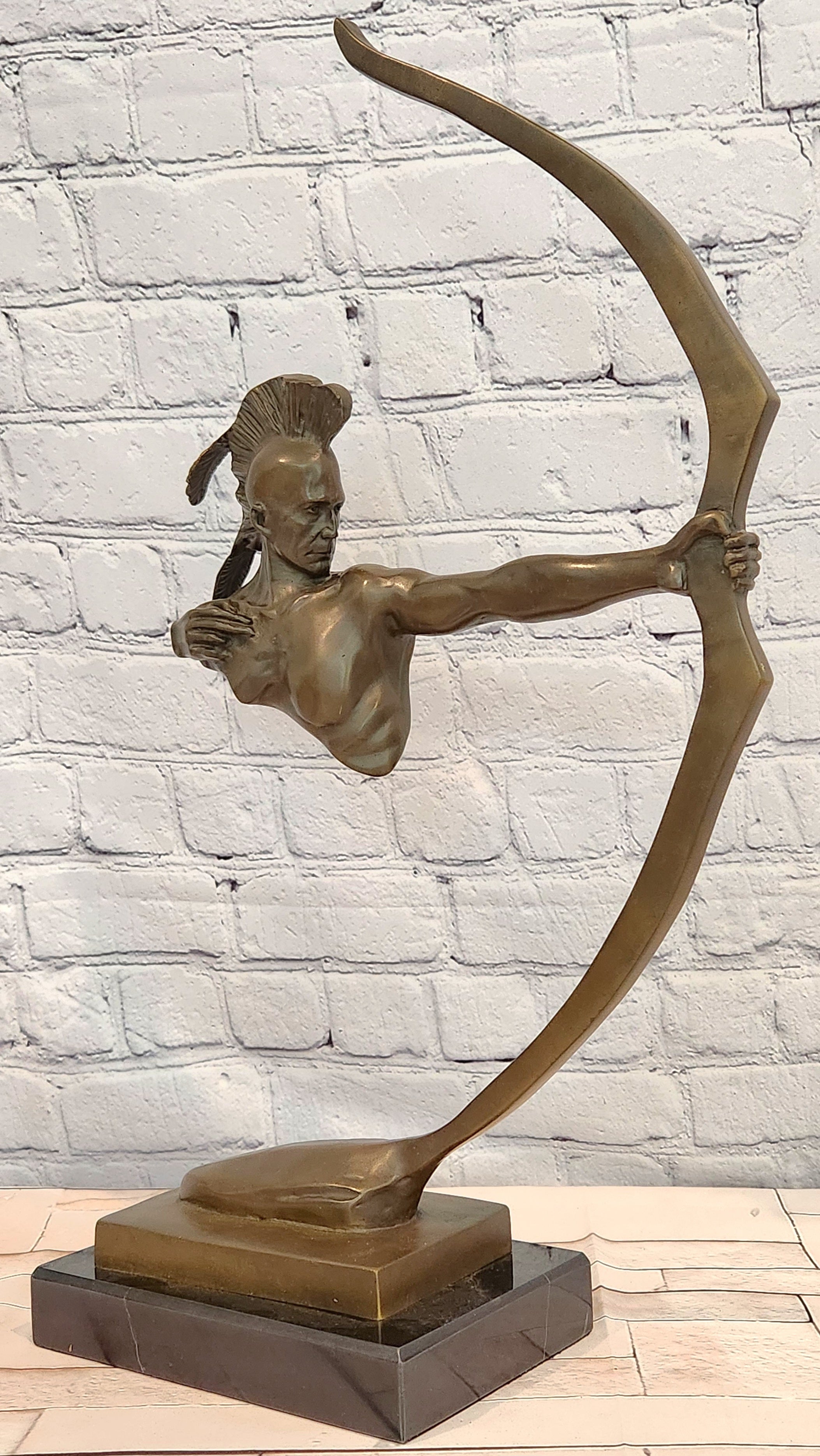 Native American Sculpture with Bow Signed M. Nick Mohawk Archer Figurine
