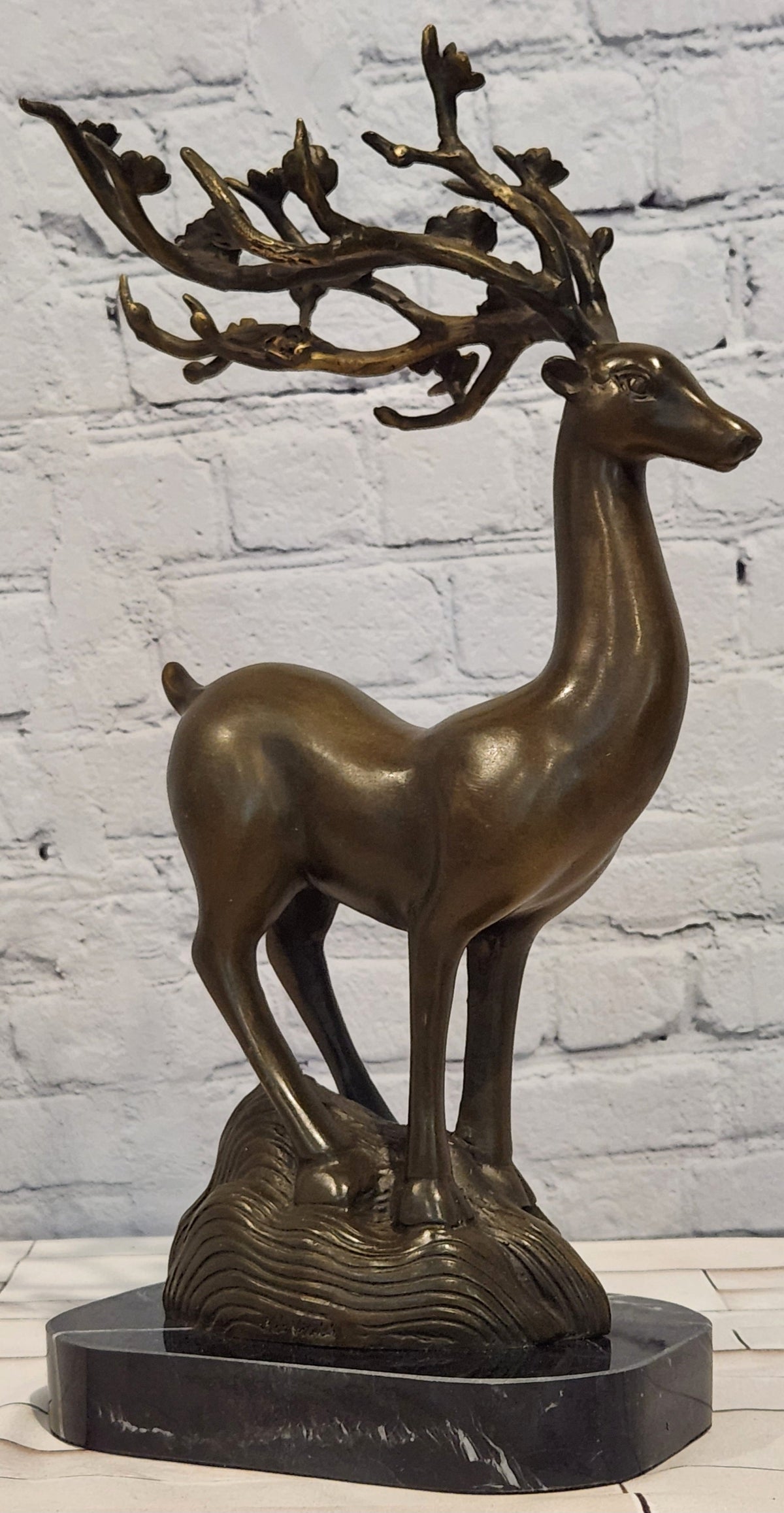 Modernist Standing Bronze Deer Stag Statue: Hunter Sculpture Home Decor Figure