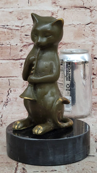 Cat Playing Clarinet Bronze Sculpture on Marble Base