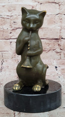 Cat Playing Clarinet Bronze Sculpture on Marble Base