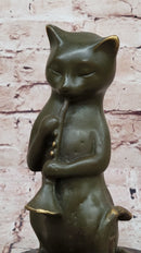Cat Playing Clarinet Bronze Sculpture on Marble Base