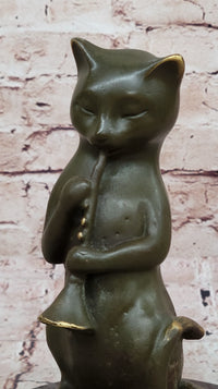 Cat Playing Clarinet Bronze Sculpture on Marble Base