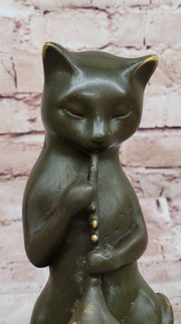 Cat Playing Clarinet Bronze Sculpture on Marble Base