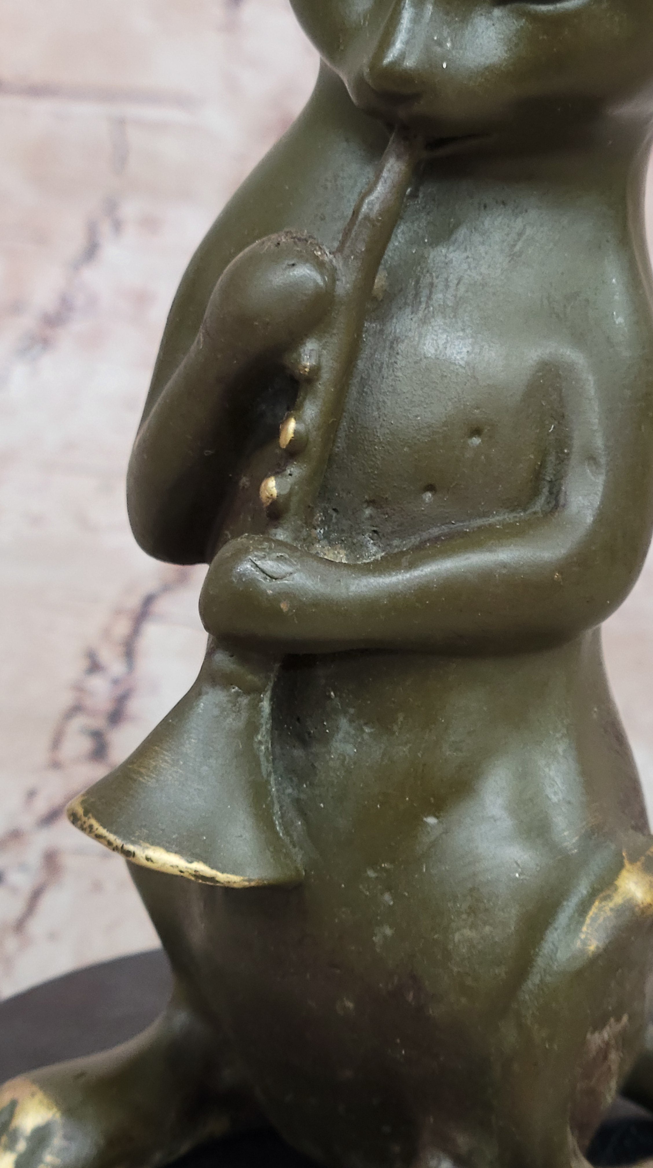 Cat Playing Clarinet Bronze Sculpture on Marble Base