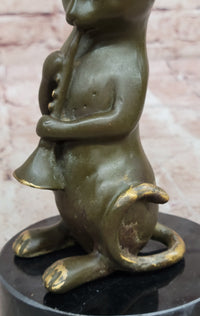 Cat Playing Clarinet Bronze Sculpture on Marble Base