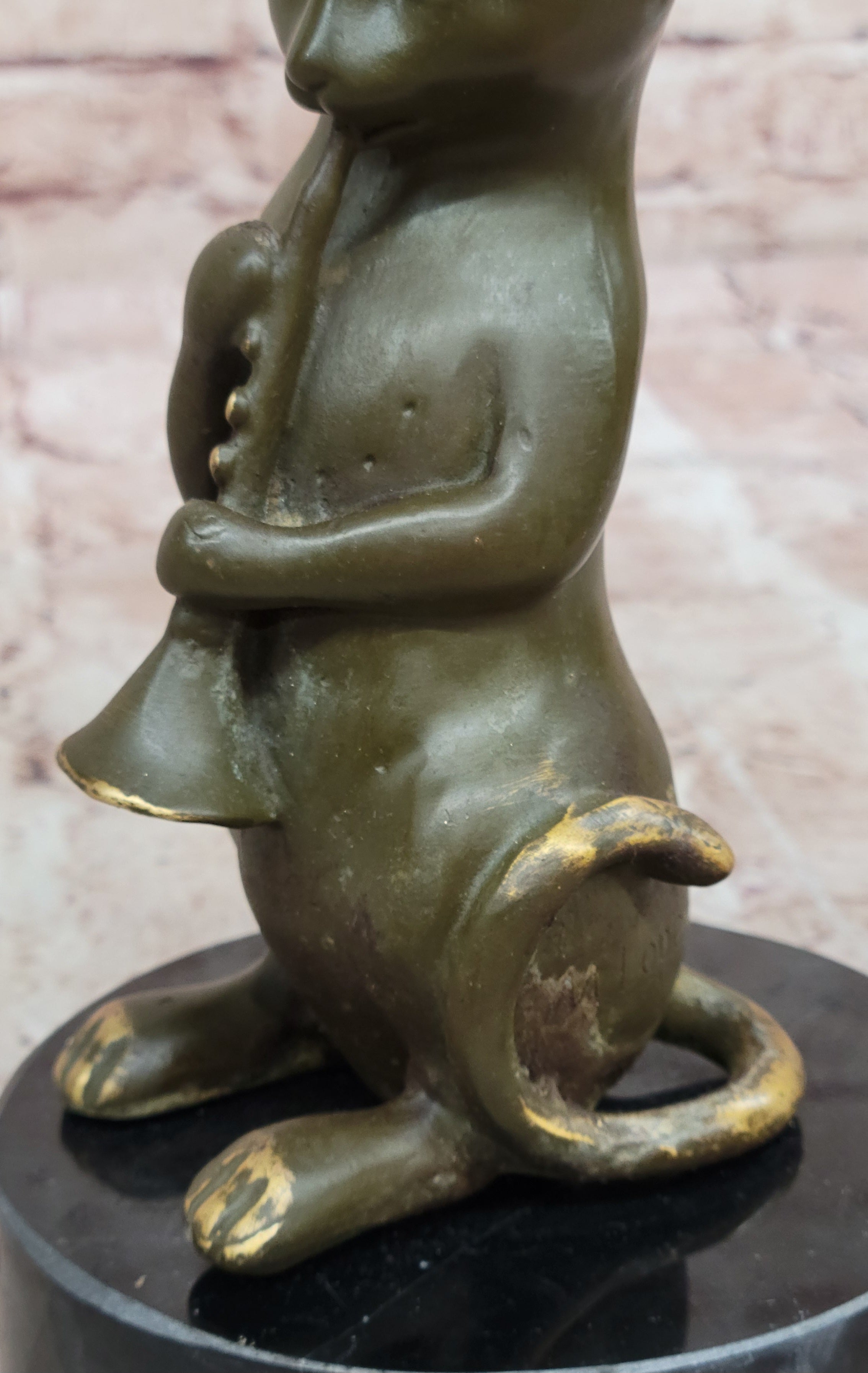 Cat Playing Clarinet Bronze Sculpture on Marble Base