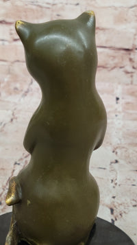 Cat Playing Clarinet Bronze Sculpture on Marble Base