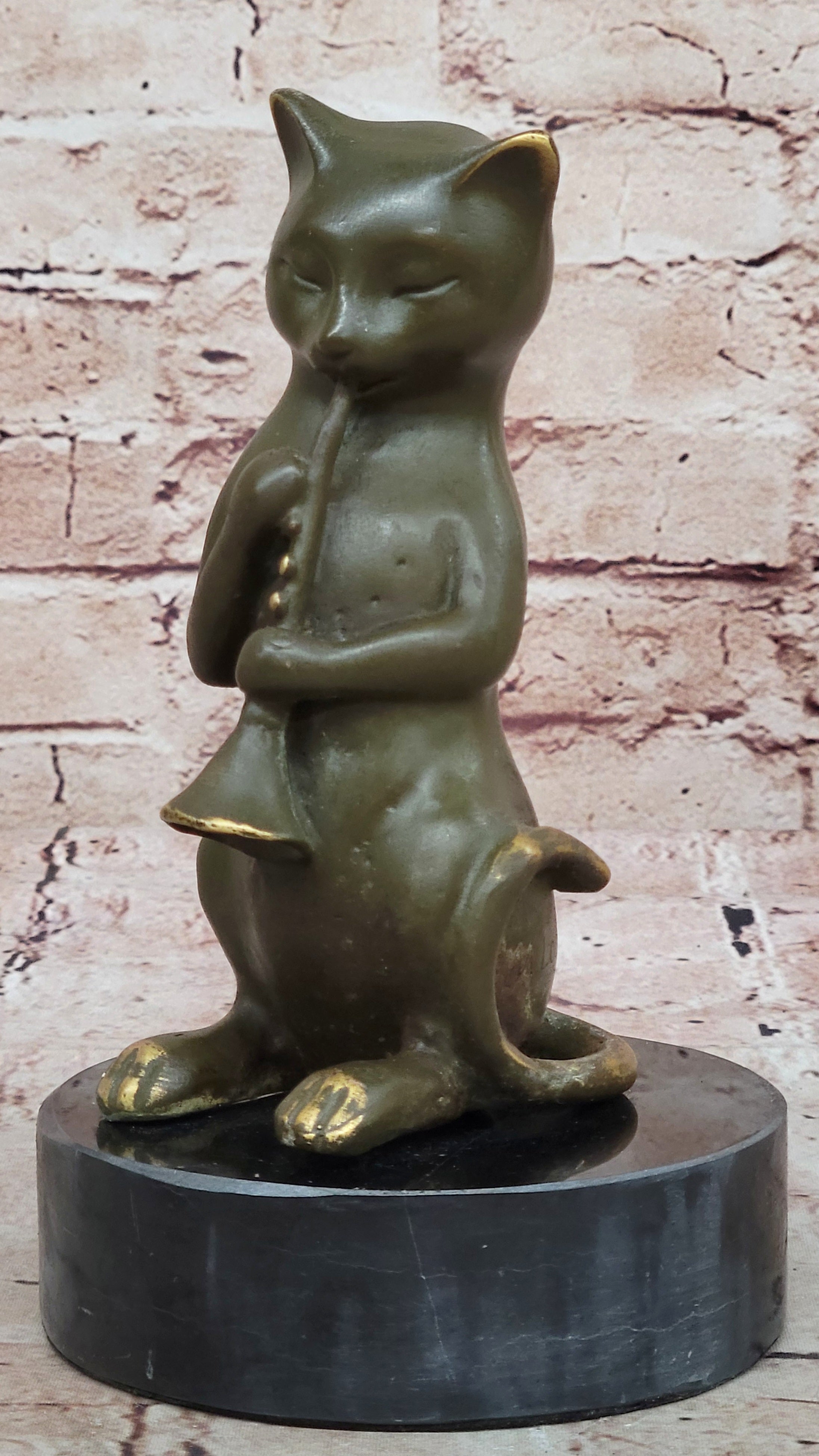 Cat Playing Clarinet Bronze Sculpture on Marble Base