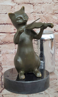 Bronze Cat Playing Violin on Marble