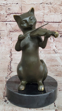 Bronze Cat Playing Violin on Marble