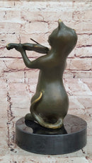 Bronze Cat Playing Violin on Marble