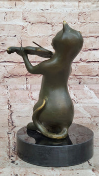 Bronze Cat Playing Violin on Marble