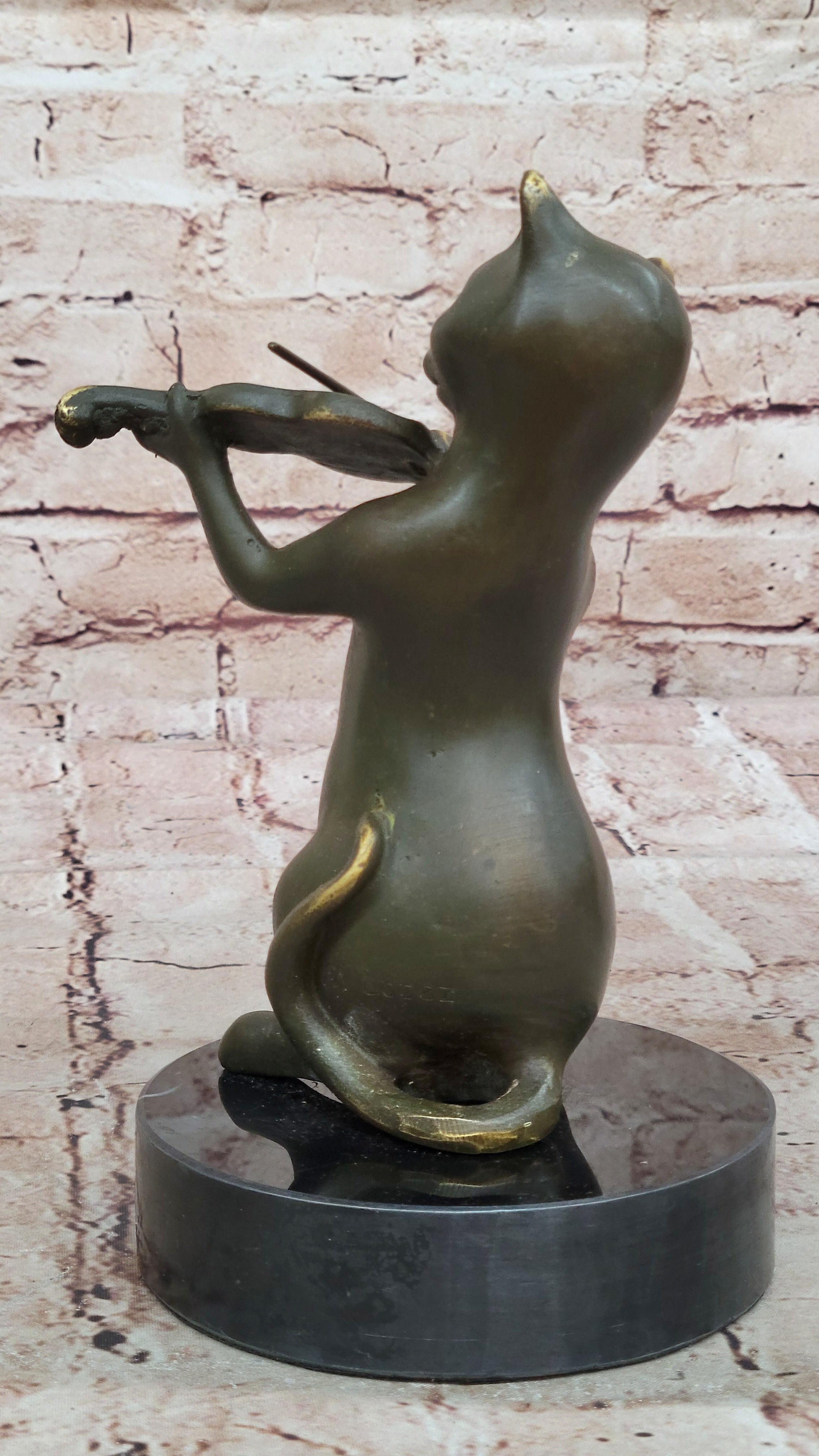 Bronze Cat Playing Violin on Marble