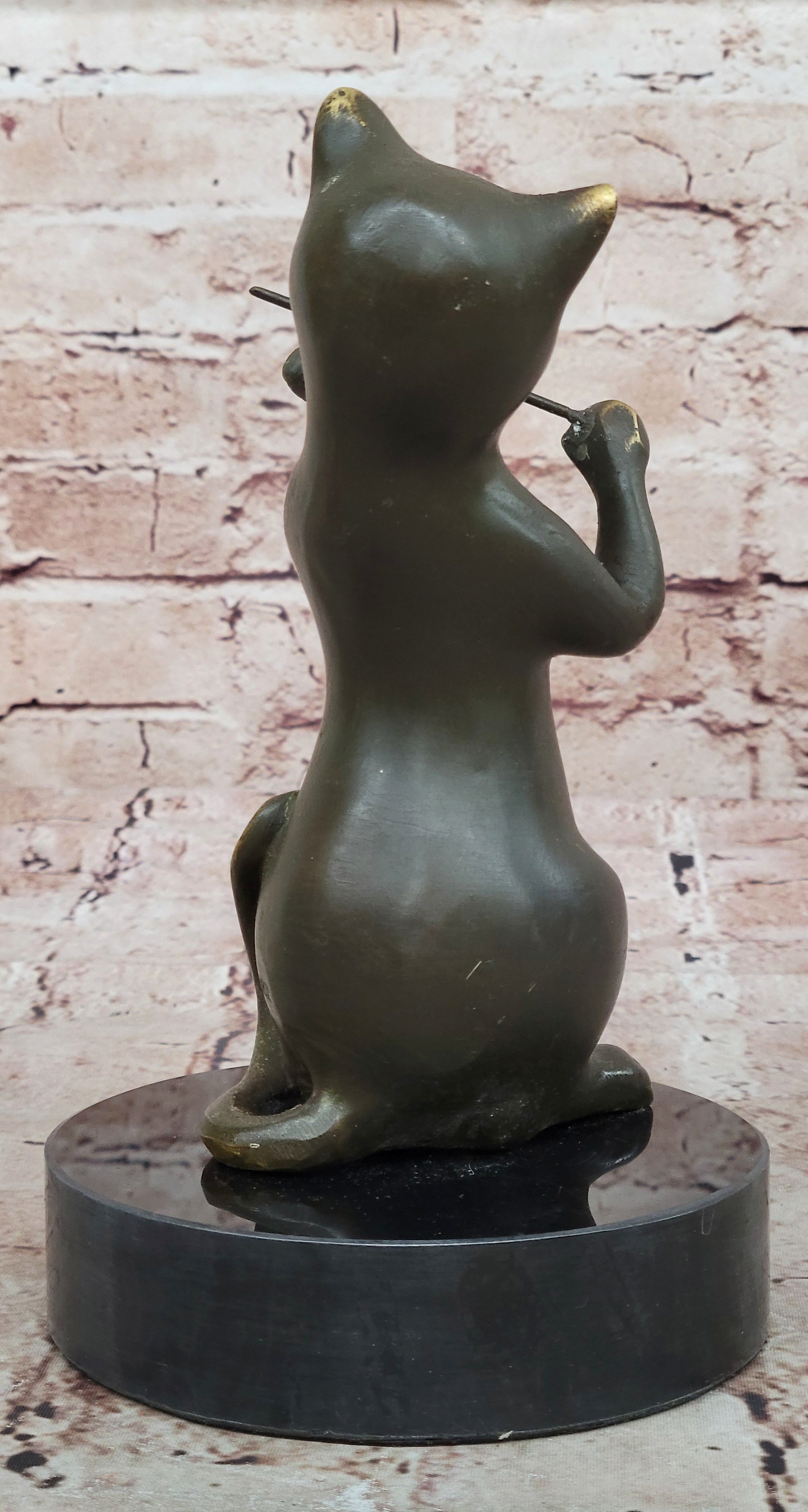 Bronze Cat Playing Violin on Marble